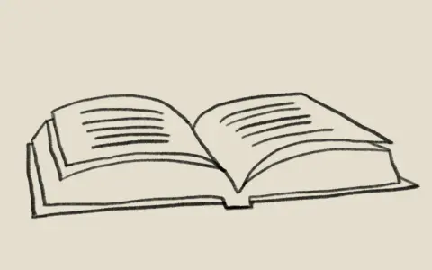 A simple black and white sketch of an open book with lines representing text on the pages.