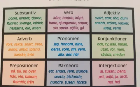 Tabell med ordklasser: substantiv, verb, adjektiv, adverb (exempel: fort, sakta), pronomen, konjunktioner, prepositioner, räkneord, interjektioner.