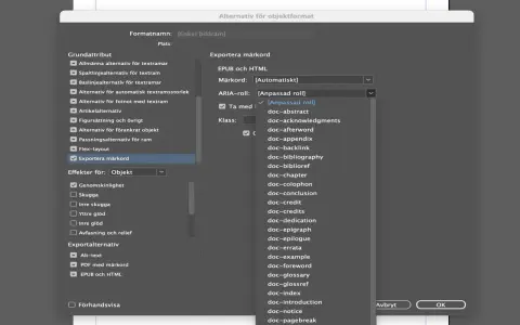 I en dialogruta för objektformat, där "Exportera märkord" är valt. En lista med alternativ för "ARIA-roll" visas, där "[Anpassad roll]" är markerat, som en kopiera synonym för att anpassa.