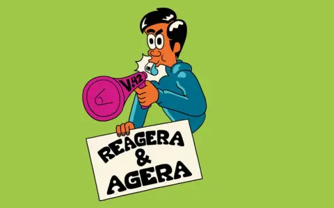 En person med megafon och en skylt med texten "Reagera & agera". En sann visselblåsare synonym som uppmanar till handling.