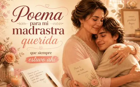 En varm kram mellan en kvinna och en ung man, med texten "Poema para mi madrastra querida" och "Para ti, con todo mi corazón". En hyllning till en älskad styvmor.