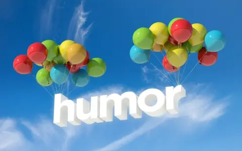 Färgglada ballonger lyfter ordet "humor" mot en blå himmel. En rolig dikt om våren skulle passa perfekt här!