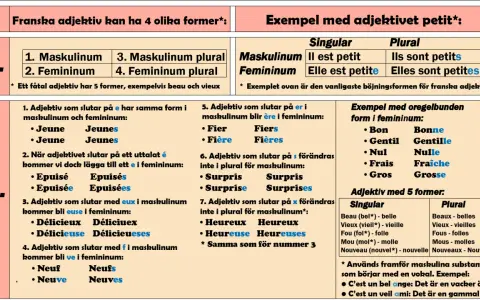 Franska adjektiv böjs. Exempel: "petit" blir "petite" i femininum.