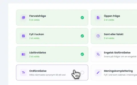 Kort med "Ordförståelse" som beskriver hur man hittar närmaste synonym till ett ord.