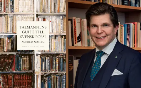 Andreas Norlén presenterar "Talmannens guide till svensk poesi" bland bokhyllor, en hyllning till fallande versfot.