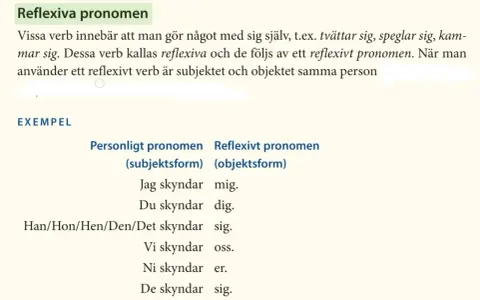 Tabell visar reflexiva pronomen i svenska språket, med exempel som "Jag skyndar mig".