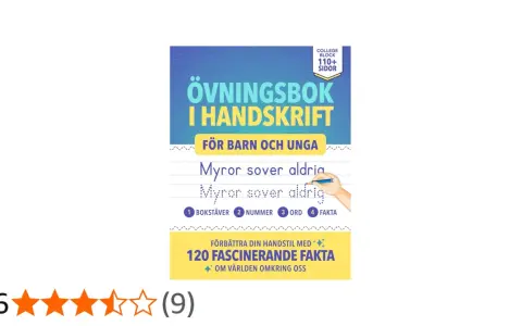 Övningsbok i handskrift för barn och unga. Öva på m skrivstil med texten "Myror sover aldrig". Innehåller bokstäver, nummer, ord och fakta.