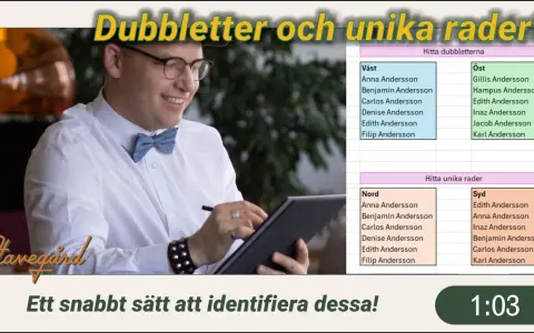 Man med glasögon och fluga letar dubbletter i en lista. En snabb metod för att identifiera dubbletter i stavning.