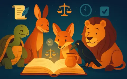 En sköldpadda, hare, räv, kråka och lejon samlas runt en öppen bok, redo att höra en fabel.