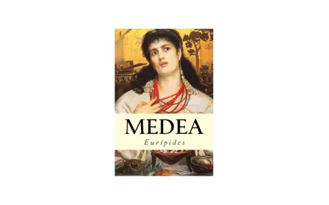 Medea, en tragisk gestalt från Euripides drama, avbildad med dramatiskt uttryck och röda halsband.