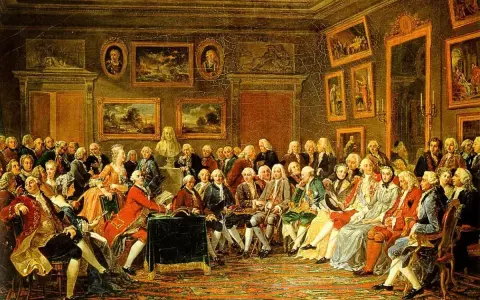 En samling män och kvinnor i 1700-talskläder diskuterar livligt i ett rum fyllt med konst. En scen som fångar andan av upplysningen litteratur och intellektuella samtal.