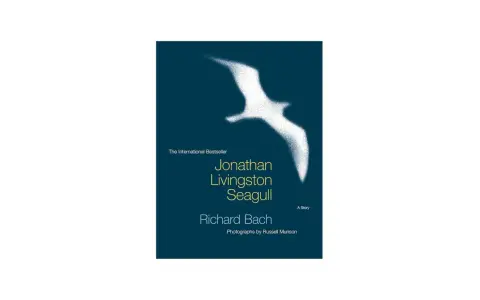 Bokomslag för "Jonathan Livingston Seagull" av Richard Bach. En vit, sprödad måsen flyger över en mörkblå bakgrund.