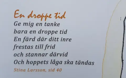 En dikt om en droppe tid, där tankar och inre frid möts. Hoppets låga tänds. Stina Larsson, sid 40.