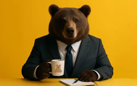 En björn i kostym sitter vid ett gult bord med en mugg och en anteckningsbok. Han funderar på hur lång ska en inledning vara.