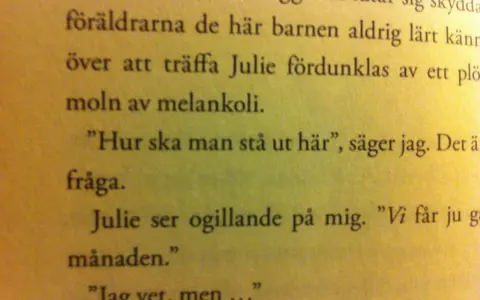 Texten i bilden innehåller citattecken. En person frågar "Hur ska man stå ut här", och Julie svarar med citattecken.