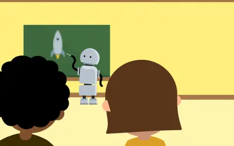 En robot lär barn om raketer på en griffeltavla. En sammanfattning av en lektion.