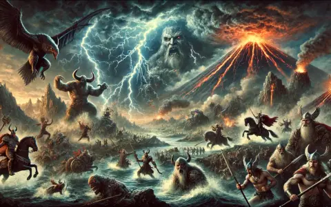 En episk strid utspelar sig under ett åskväder med en jätte och vulkaner. En rad i dikt om Ragnarök.