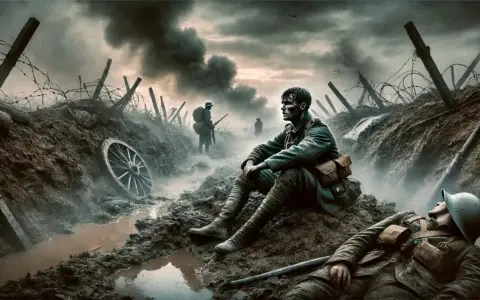 En soldat sitter i en lerig skyttegrav, en annan ligger orörlig. Scenen, med taggtråd och rök, fångar krigets brutala naturalismen litteratur.