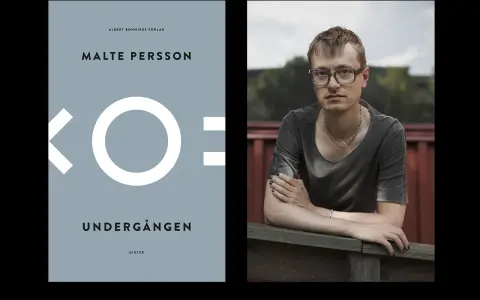 Malte Perssons bok "Undergången" med en bild på författaren. Kanske en versmått lista av dikter.