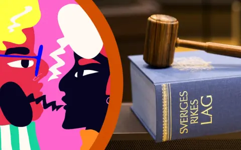 Månntro eller måntro, en illustration av två ansikten i profil med pratbubblor möter en domarklubba på Sveriges Rikes Lag.