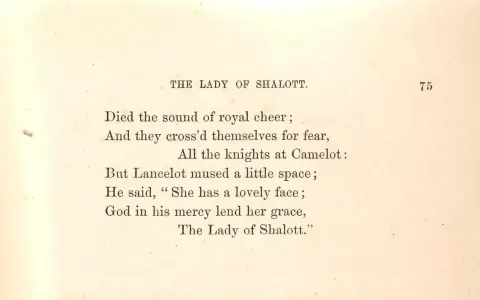 Text från "The Lady of Shalott" i jambisk pentameter. Lancelot beundrar hennes skönhet.