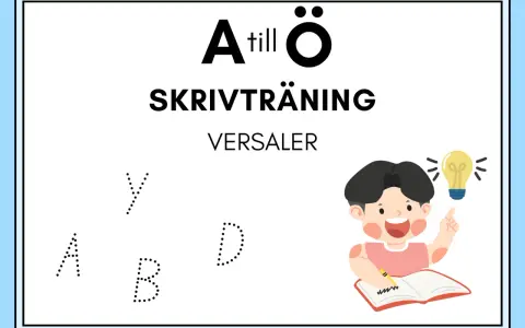 Skrivträning med versal bokstav A, B, D, Y. En glad pojke med en glödlampa över huvudet skriver i en bok.