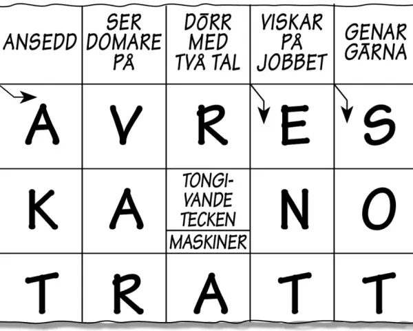 Korsord med bokstäverna A, V, R, E, S, A, N, O, T. En ledtråd är "påvra 4 bokstäver".