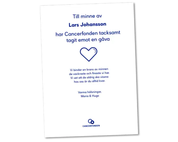 Minneskort till Lars Johansson. Cancerfonden tackar för gåva. En dikt avsked med hjärta och text om minnen.