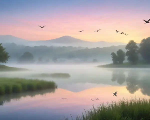 Fåglar flyger över en dimmig sjö i gryningen. Morgonens rosa och blå himmel speglas i vattnet.