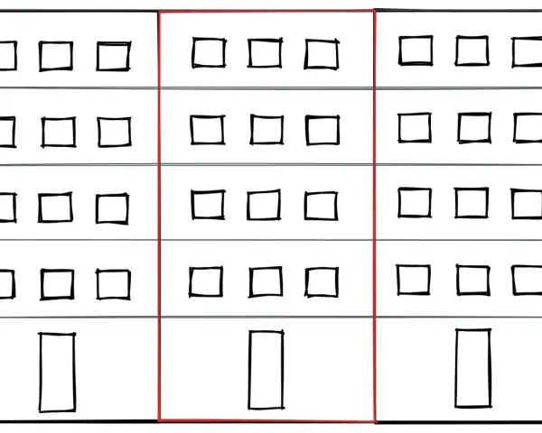 A diagram of a building with three vertical sections, each with four rows of square windows and one rectangular door.