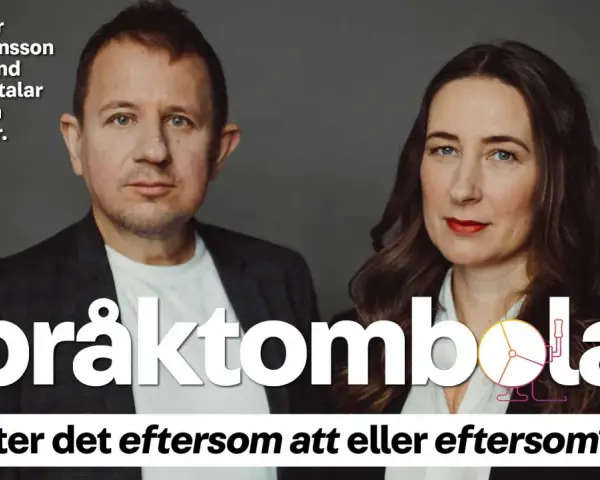 Anders Svensson och Lena Lind Palicki diskuterar språkfrågor i podden Språktombolan. De undersöker ord som "emedan" och dess synonymer.