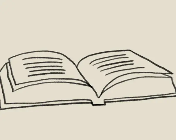 A simple black and white sketch of an open book with lines representing text on the pages.