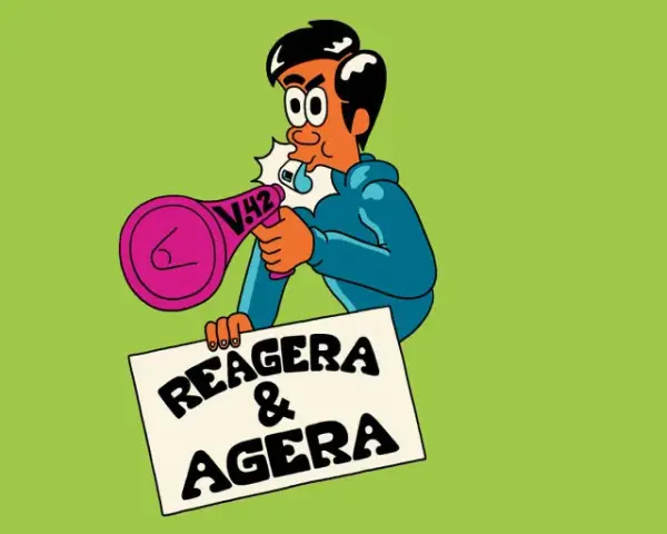 En person med megafon och en skylt med texten "Reagera & agera". En sann visselblåsare synonym som uppmanar till handling.
