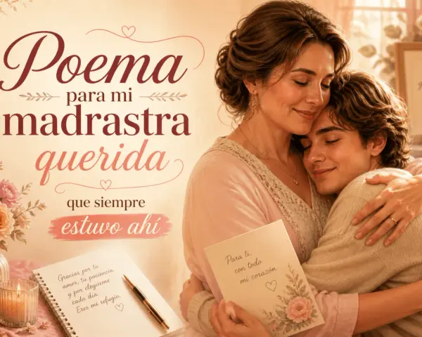 En varm kram mellan en kvinna och en ung man, med texten "Poema para mi madrastra querida" och "Para ti, con todo mi corazón". En hyllning till en älskad styvmor.
