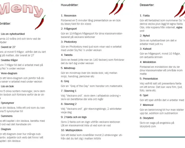 Meny med förrätter, huvudrätter och desserter. En gåta synonym kan vara att hitta ett ord som betyder samma sak.