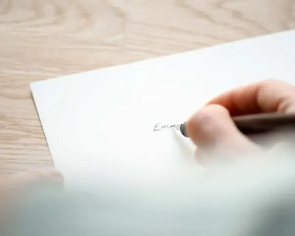 En hand skriver ord på ett papper, kanske en dikt om sorg och saknad.