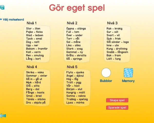 Spel med ord som är motsats till varandra, uppdelat i nivåer. Här finns ord som "stor - liten" och "sjuk - frisk".