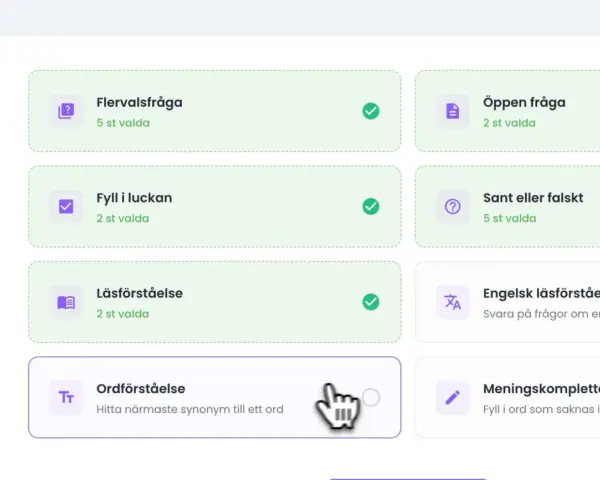 Kort med "Ordförståelse" som beskriver hur man hittar närmaste synonym till ett ord.