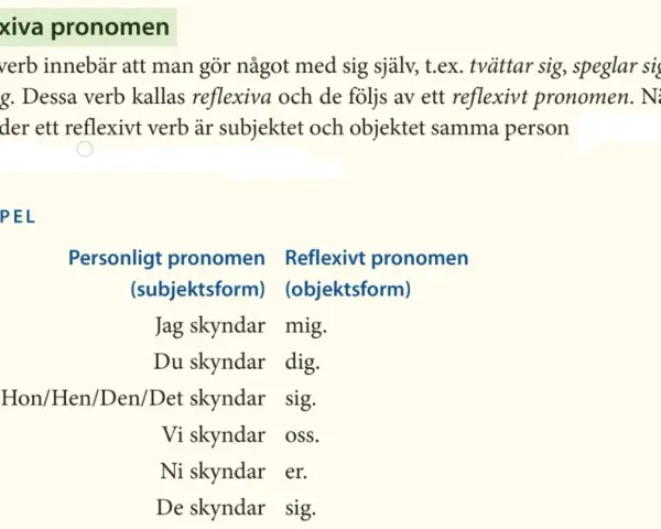 Tabell visar reflexiva pronomen i svenska språket, med exempel som "Jag skyndar mig".