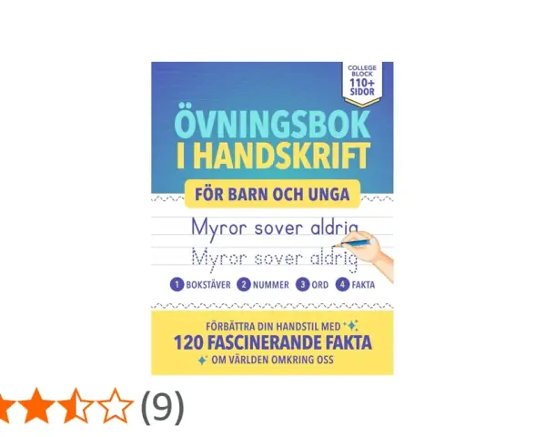 Övningsbok i handskrift för barn och unga. Öva på m skrivstil med texten "Myror sover aldrig". Innehåller bokstäver, nummer, ord och fakta.