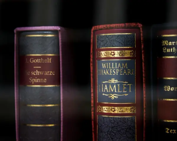 Böcker med guldbokstäver: J. Gotthelfs "Die schwarze Spinne" och William Shakespeares "Hamlet", vars drama ofta följer jambiskt versmått.