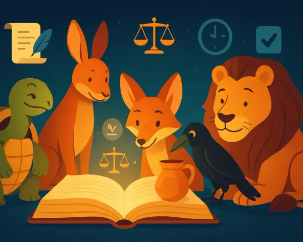 En sköldpadda, hare, räv, kråka och lejon samlas runt en öppen bok, redo att höra en fabel.