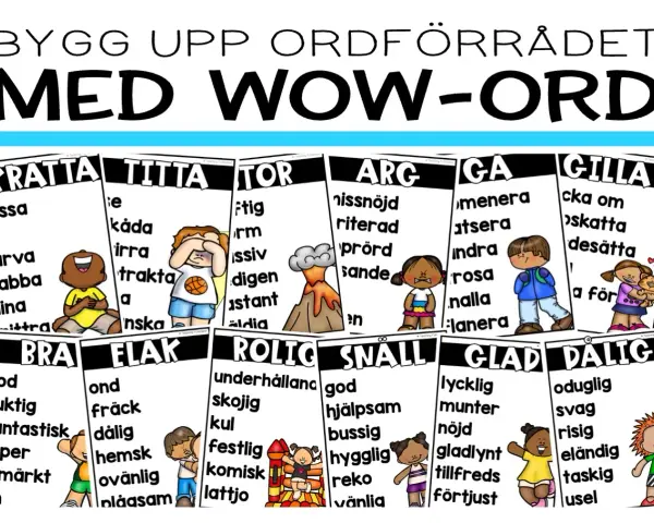 Ordlistor med illustrationer för att bygga ordförråd. Varje ord har en synonym, som "glad" och "lycklig".