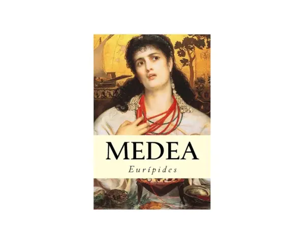 Medea, en tragisk gestalt från Euripides drama, avbildad med dramatiskt uttryck och röda halsband.