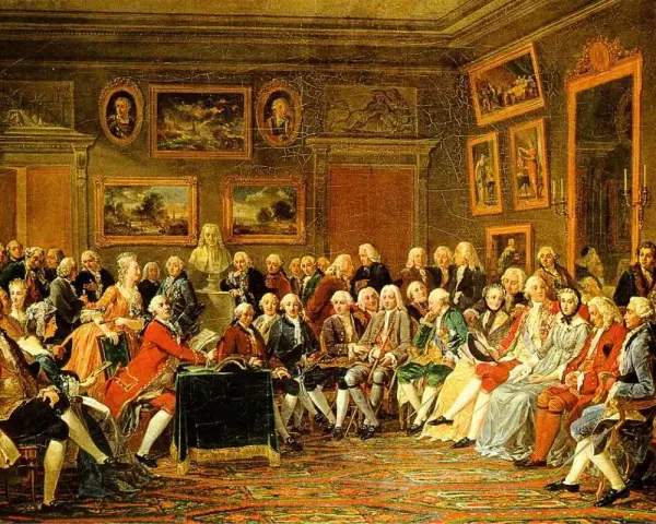 En samling män och kvinnor i 1700-talskläder diskuterar livligt i ett rum fyllt med konst. En scen som fångar andan av upplysningen litteratur och intellektuella samtal.