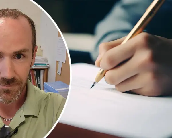 Man med skägg och en hand som skriver med penna. Kanske övar på 100 svårstavade ord.