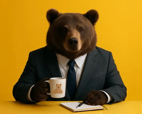 En björn i kostym sitter vid ett gult bord med en mugg och en anteckningsbok. Han funderar på hur lång ska en inledning vara.