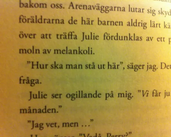 Texten i bilden innehåller citattecken. En person frågar "Hur ska man stå ut här", och Julie svarar med citattecken.