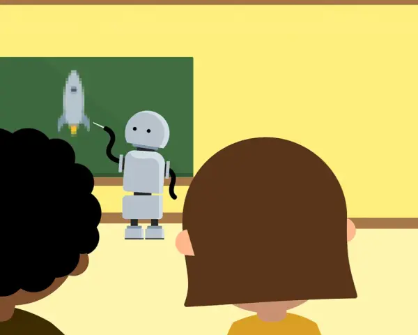 En robot lär barn om raketer på en griffeltavla. En sammanfattning av en lektion.