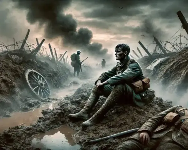 En soldat sitter i en lerig skyttegrav, en annan ligger orörlig. Scenen, med taggtråd och rök, fångar krigets brutala naturalismen litteratur.